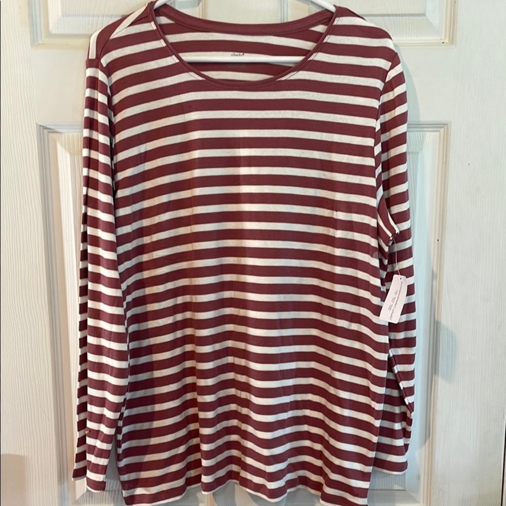 CJ Banks Size 1X Maroon and White Striped Top